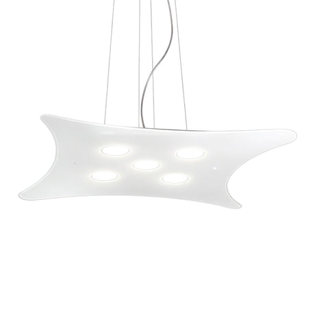 Manta 5 Light Glass Pendant Light in white, a wing-shaped metal plate with five recessed circular glass diffusers, suspended on adjustable cables against a plain white background.