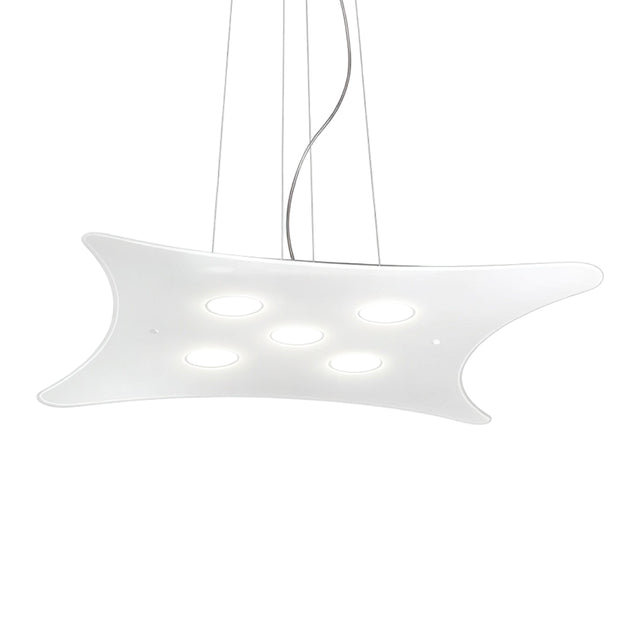 Manta 5 Light Glass Pendant Light in white, a wing-shaped metal plate with five recessed circular glass diffusers, suspended on adjustable cables against a plain white background.