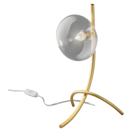 Dolce 1 Light Glass Table Lamp with a matt gold metal curved base and round clear glass shade housing a single G9 bulb, shown on a plain white background.