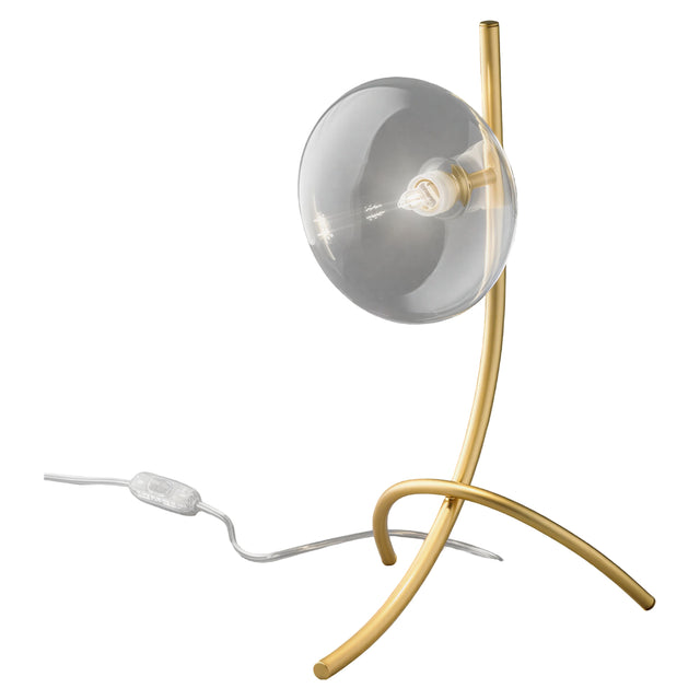 Dolce 1 Light Glass Table Lamp with a matt gold metal curved base and round clear glass shade housing a single G9 bulb, shown on a plain white background.