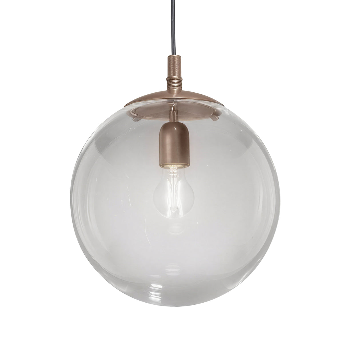 Global Globe Pendant Light – 60cm clear acrylic sphere shade with bronze fitting and E27 bulb, suspended on a black cable against a plain white background.
