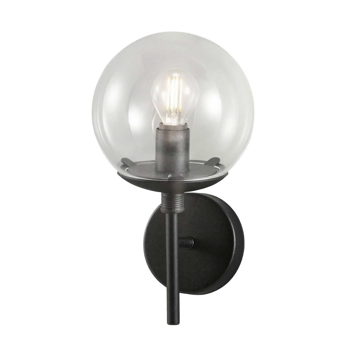 Global 1 Light Wall Light - 20cm, a black metal wall fitting with a round acrylic globe diffuser and E27 bulb, shown on a plain white background.