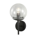 Global 1 Light Wall Light - 20cm, a black metal wall fitting with a round acrylic globe diffuser and E27 bulb, shown on a plain white background.