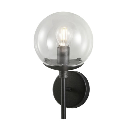 Global 1 Light Wall Light - 20cm, a black metal wall fitting with a round acrylic globe diffuser and E27 bulb, shown on a plain white background.