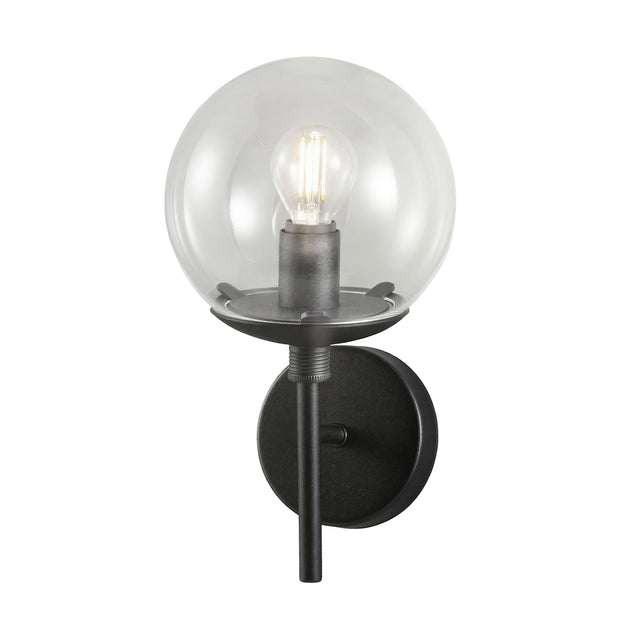 Global 1 Light Wall Light - 20cm, a black metal wall fitting with a round acrylic globe diffuser and E27 bulb, shown on a plain white background.