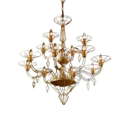 Dedalo 12 Light Chandelier in gold-toned metal, featuring twelve scrolled wire arms with cup shades and a trama metallica wire diffuser, shown on a plain white background.