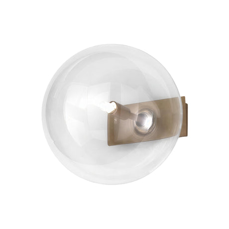 Estro Glass Globe Wall Light with a clear round glass diffuser on a bronze rectangular metal backplate, single G9 bulb visible, shown on a plain white background.