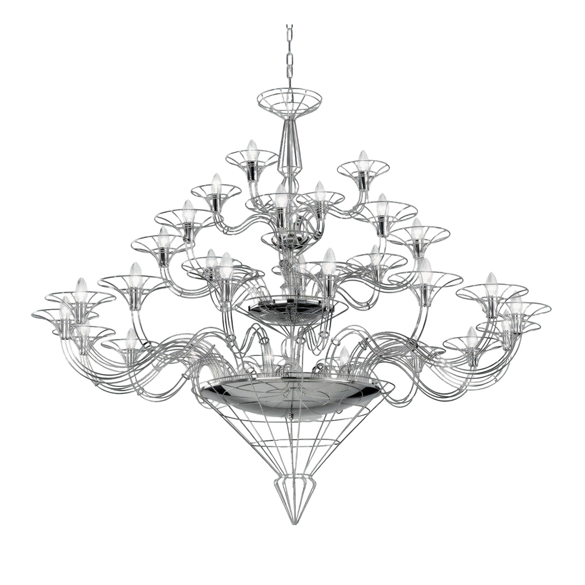 Dedalo 28 Light Chandelier in chrome metal with scrolled wire arms and cone-shaped mirrored diffusers, tiered traditional design on a plain white background.