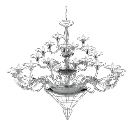 Dedalo 28 Light Chandelier in chrome metal with scrolled wire arms and cone-shaped mirrored diffusers, tiered traditional design on a plain white background.