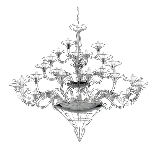 Dedalo 28 Light Chandelier in chrome metal with scrolled wire arms and cone-shaped mirrored diffusers, tiered traditional design on a plain white background.