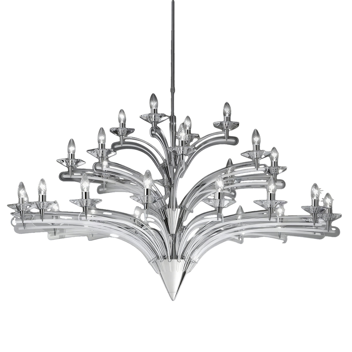 Icaro 28 Light Glass Chandelier with tiered clear glass wings and chrome metal frame, each arm holding an exposed candle-style E14 bulb, shown on a plain white background.