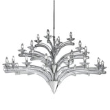 Icaro 28 Light Glass Chandelier with tiered clear glass wings and chrome metal frame, each arm holding an exposed candle-style E14 bulb, shown on a plain white background.