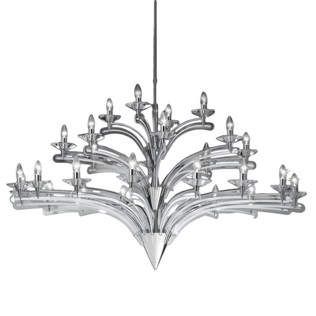 Icaro 28 Light Glass Chandelier with tiered clear glass wings and chrome metal frame, each arm holding an exposed candle-style E14 bulb, shown on a plain white background.