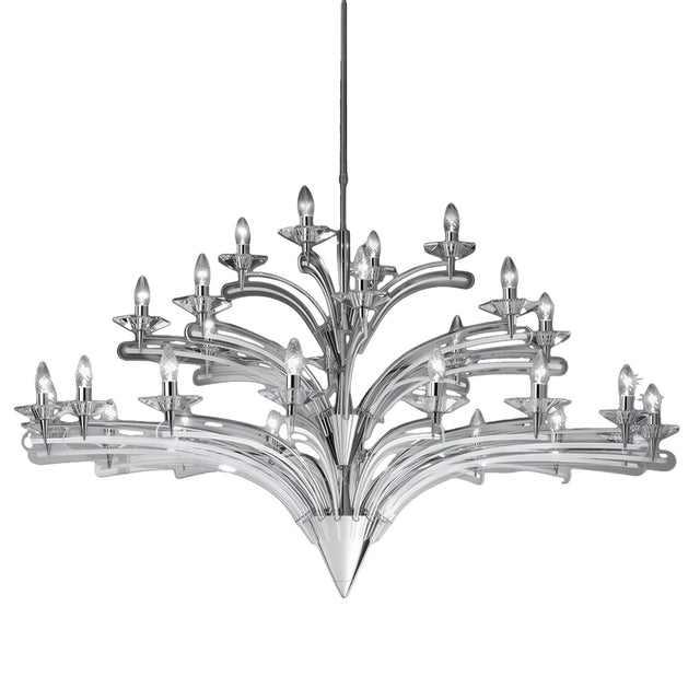 Icaro 28 Light Glass Chandelier with tiered clear glass wings and chrome metal frame, each arm holding an exposed candle-style E14 bulb, shown on a plain white background.