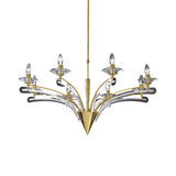 Icaro 8 Light Glass Chandelier with gold metal frame and curved clear glass arms holding candle-style bulbs, shown on a plain white background.
