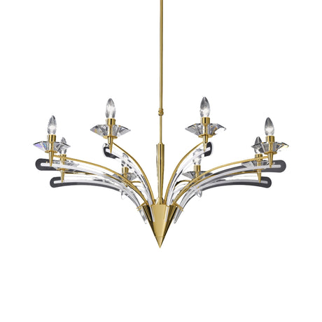 Icaro 8 Light Glass Chandelier with gold metal frame and curved clear glass arms holding candle-style bulbs, shown on a plain white background.