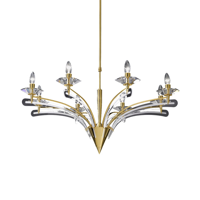 Icaro 8 Light Glass Chandelier with gold metal frame and curved clear glass arms holding candle-style bulbs, shown on a plain white background.