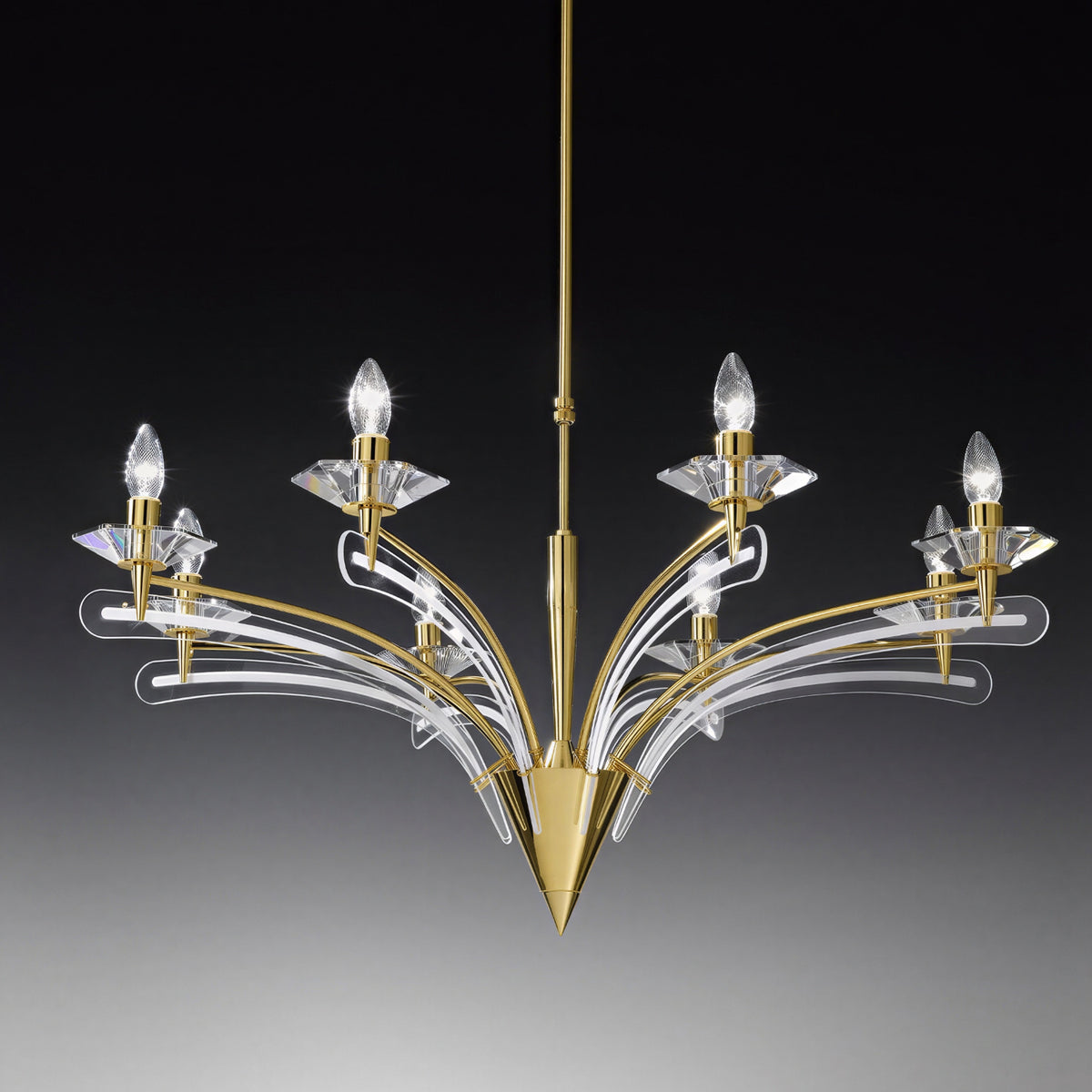 Icaro 8 Light Glass Chandelier with gold metal frame, curved clear glass wings and exposed E14 candle bulbs, shown against a dark gradient background.
