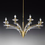 Icaro 8 Light Glass Chandelier with gold metal frame, curved clear glass wings and exposed E14 candle bulbs, shown against a dark gradient background.
