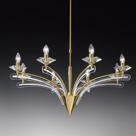Icaro 8 Light Glass Chandelier with gold metal frame, curved clear glass wings and exposed E14 candle bulbs, shown against a dark gradient background.