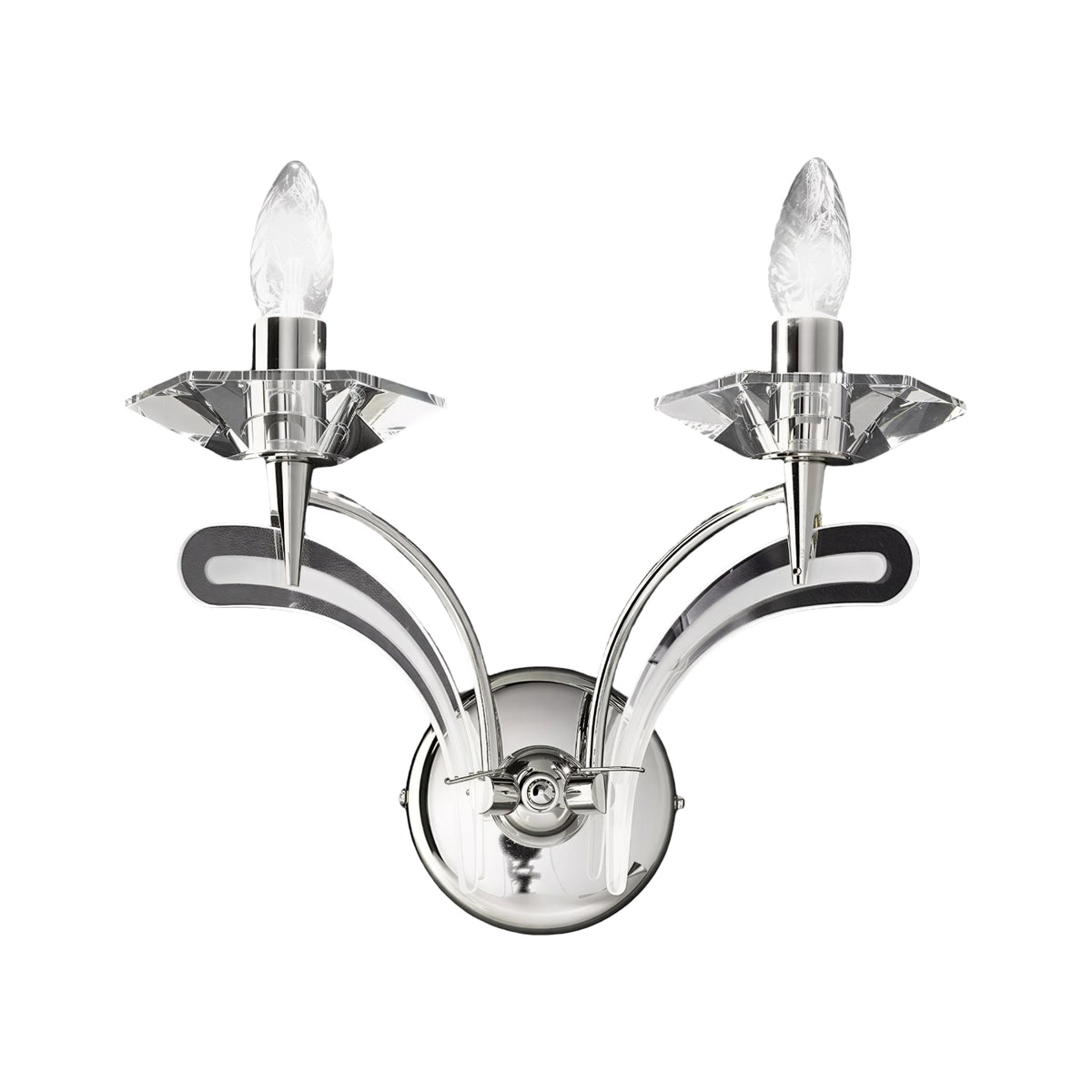 Icaro 2 Light Glass Wall Light in chrome, featuring two upward-curving metal arms with clear crystal glass drip pans and candle-style bulbs, shown on a plain white background.