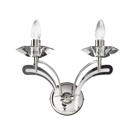 Icaro 2 Light Glass Wall Light in chrome, featuring two upward-curving metal arms with clear crystal glass drip pans and candle-style bulbs, shown on a plain white background.