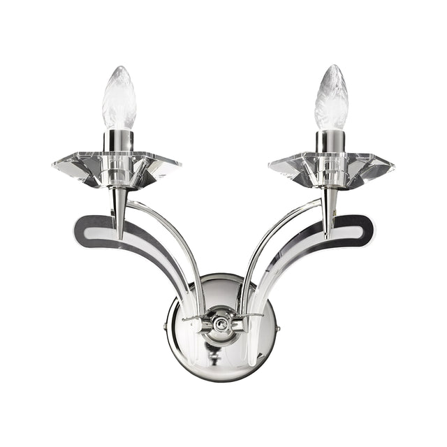 Icaro 2 Light Glass Wall Light in chrome, featuring two upward-curving metal arms with clear crystal glass drip pans and candle-style bulbs, shown on a plain white background.