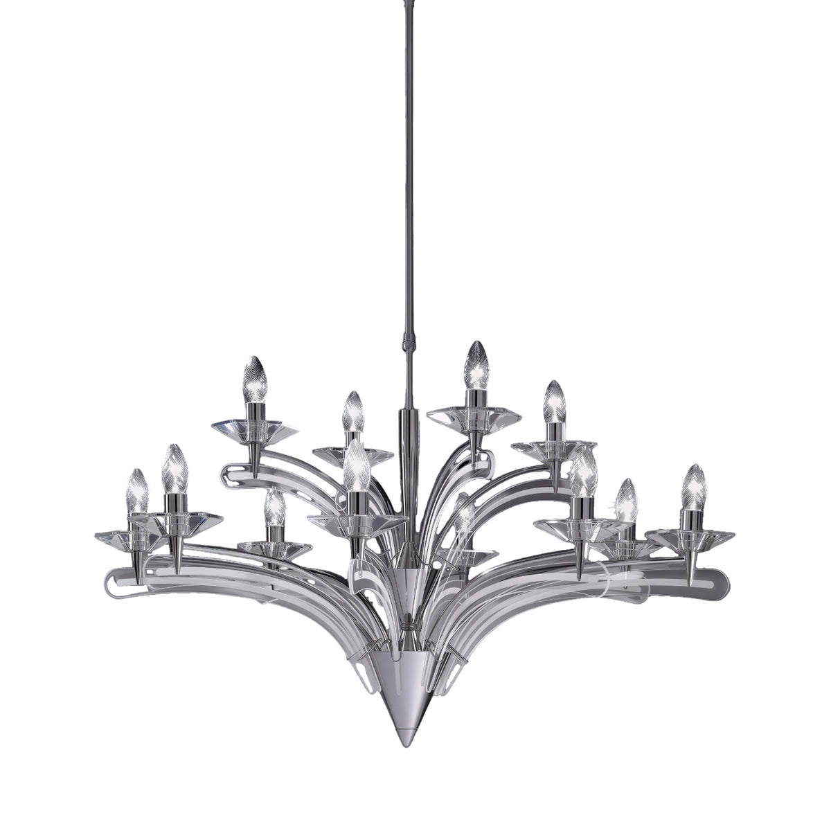 Icaro 12 Light Glass Chandelier with clear curved glass wings on a chrome metal frame, twelve E14 candle bulbs radiating outward, shown on a plain white background.