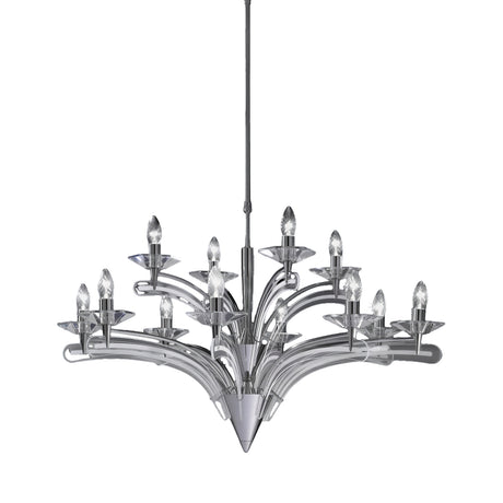Icaro 12 Light Glass Chandelier with clear curved glass wings on a chrome metal frame, twelve E14 candle bulbs radiating outward, shown on a plain white background.
