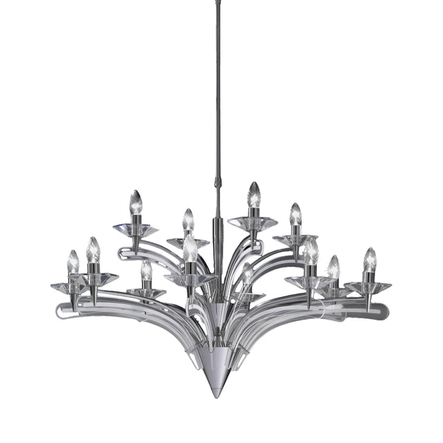 Icaro 12 Light Glass Chandelier with clear curved glass wings on a chrome metal frame, twelve E14 candle bulbs radiating outward, shown on a plain white background.