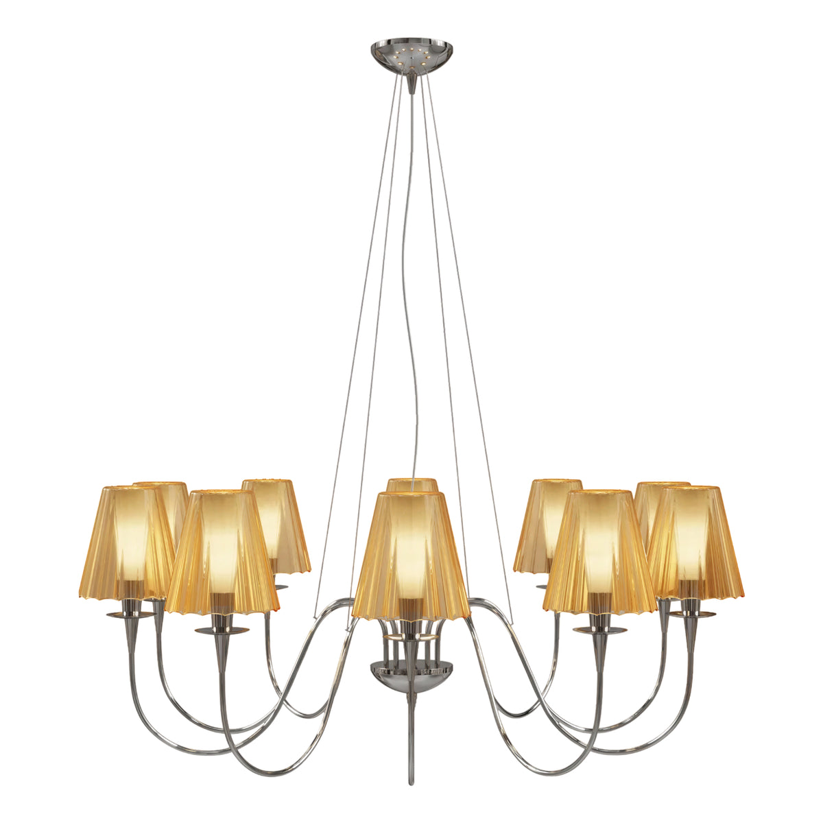 Opera 8 Light Glass Chandelier with eight amber pleated fabric shades on curved chrome arms, suspended from multiple thin rods on a plain white background.