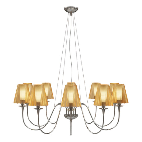 Opera 8 Light Glass Chandelier with eight amber pleated fabric shades on curved chrome arms, suspended from multiple thin rods on a plain white background.
