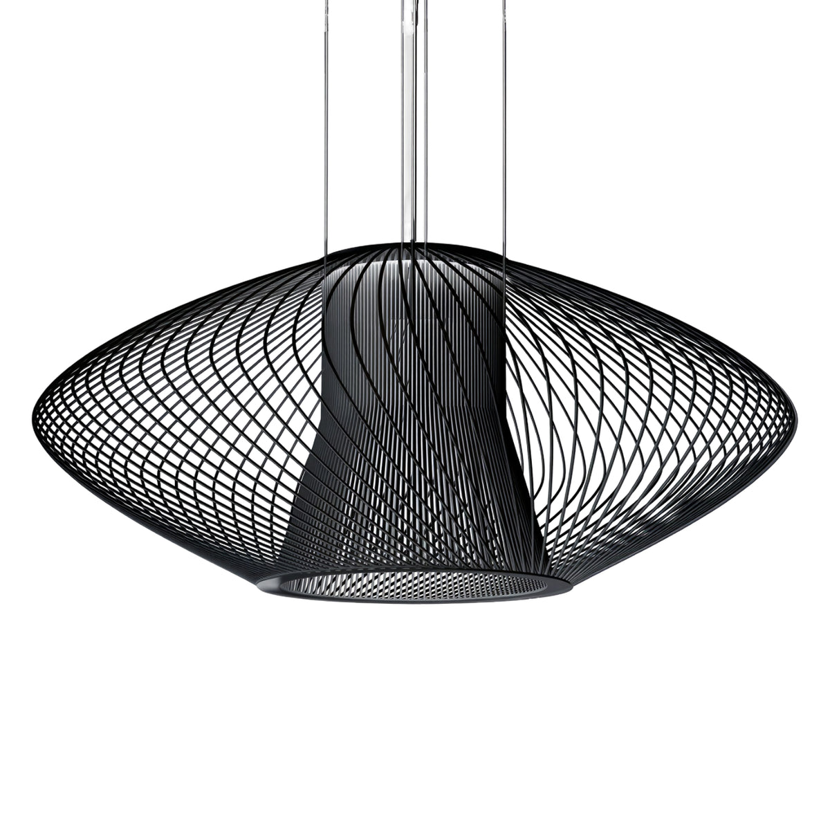 Impossible Oval Pendant Light 105cm in black woven metal, a single flattened lens-shaped shade on multiple chrome suspension cables, shown against a plain white background.