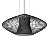 Impossible Oval Pendant Light 105cm in black woven metal, a single flattened lens-shaped shade on multiple chrome suspension cables, shown against a plain white background.