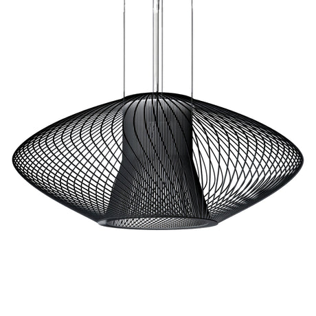 Impossible Oval Pendant Light 105cm in black woven metal, a single flattened lens-shaped shade on multiple chrome suspension cables, shown against a plain white background.