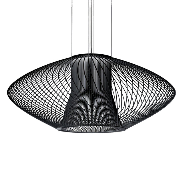 Impossible Oval Pendant Light 105cm in black woven metal, a single flattened lens-shaped shade on multiple chrome suspension cables, shown against a plain white background.