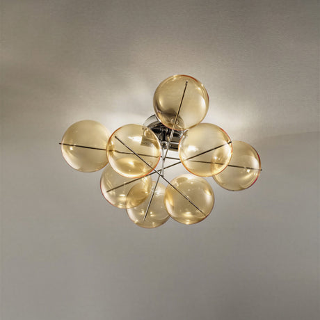 Atom 2 Light Globe Glass Ceiling Light in chrome, a flush fitting with 8 amber-tinted glass bubbles on a chrome frame, shown against a plain light grey background.