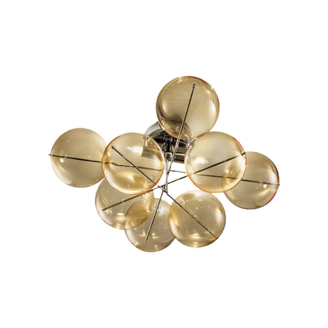 Atom 2 Light Globe Glass Ceiling Light in chrome, a flush fitting with 8 amber-tinted glass bubbles on a metal frame, shown against a plain white background.