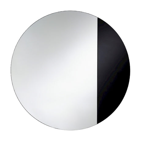 Cord Black Half Tinted Round Wall Mirror 58cm, a frameless circular mirror split vertically into clear glass and black tinted glass, mounted on a plain light wall.
