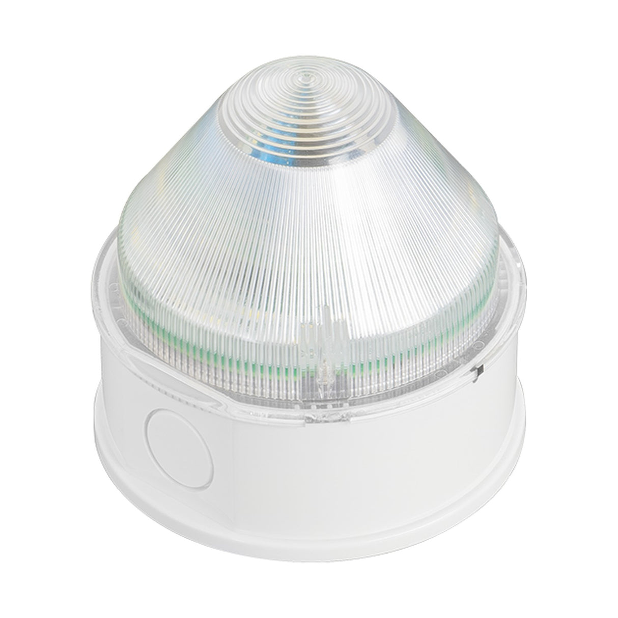 Espire Sounder Strobe with transparent conical ribbed lens and white polycarbonate base, mains-powered IP65 fire alarm unit on a plain background.