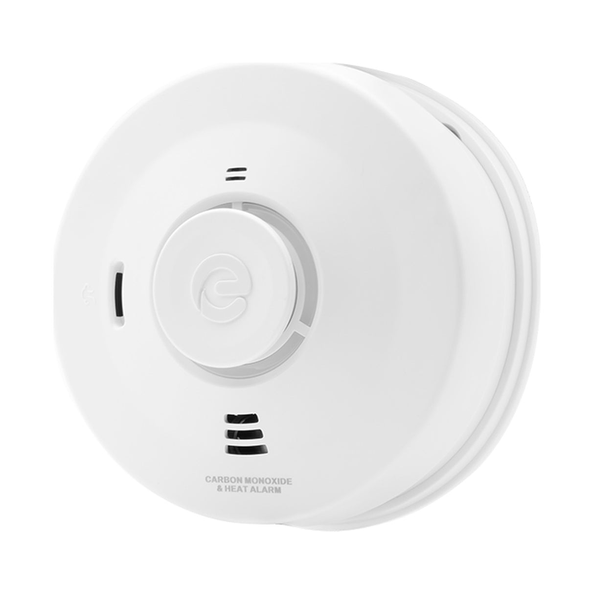 Espire Carbon Monoxide & Heat Alarm in white circular casing with central test button and vent, 10 year sealed battery model, on a plain background.
