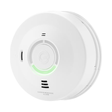 Espire Carbon Monoxide Alarm with round white ABS housing, central test button glowing green, side status indicator and front sensor vent on a white background.