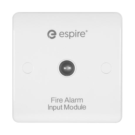 Espire Fire Alarm Input Module in white urea housing with central sensor lens and screw covers, shown on a plain white background.