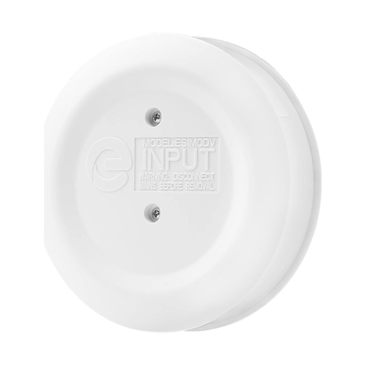 Espire ES1MODV input module in round white ABS casing with embossed input label and two visible mounting screws on a plain white background.