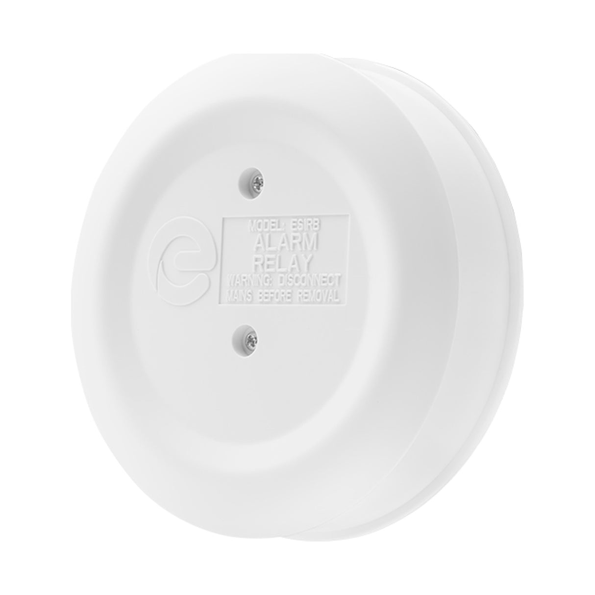 Espire IC Relay Base alarm relay module in white ABS housing with embossed model label and two mounting screws, shown on a plain white background.