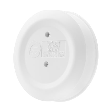 Espire IC Relay Base alarm relay module in white ABS housing with embossed model label and two mounting screws, shown on a plain white background.
