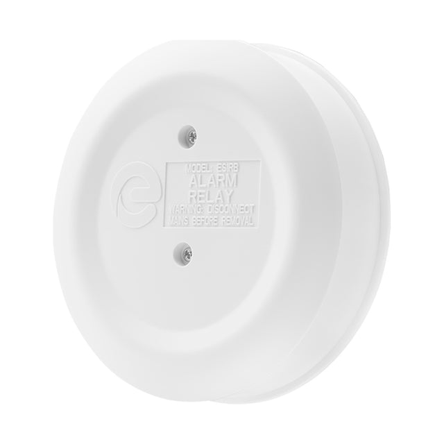 Espire IC Relay Base alarm relay module in white ABS housing with embossed model label and two mounting screws, shown on a plain white background.