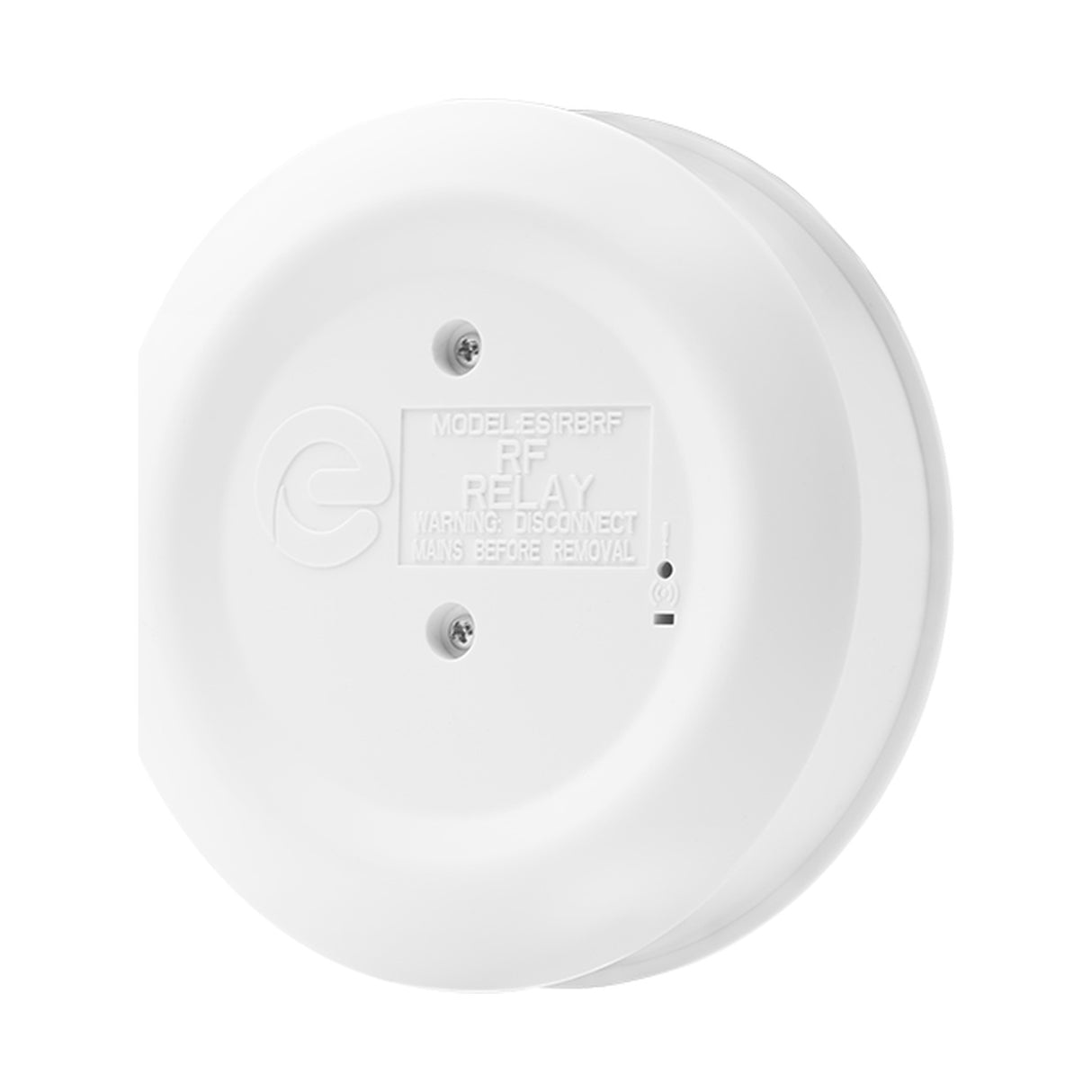 Espire ESIRBRF RF Relay Base in white ABS with embossed model label and two mounting screws, shown on a plain white background.