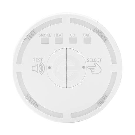 Espire RF Controller in white with circular housing, showing SMOKE, HEAT, CO and BAT. indicators plus central Test and Select buttons.