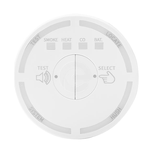 Espire RF Controller in white with circular housing, showing SMOKE, HEAT, CO and BAT. indicators plus central Test and Select buttons.
